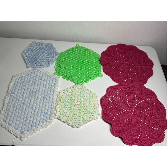 Rare Vintage Handmade Set of 6 Knit Crochet Hot Pad Trivet Potholders - Picture 1 of 14